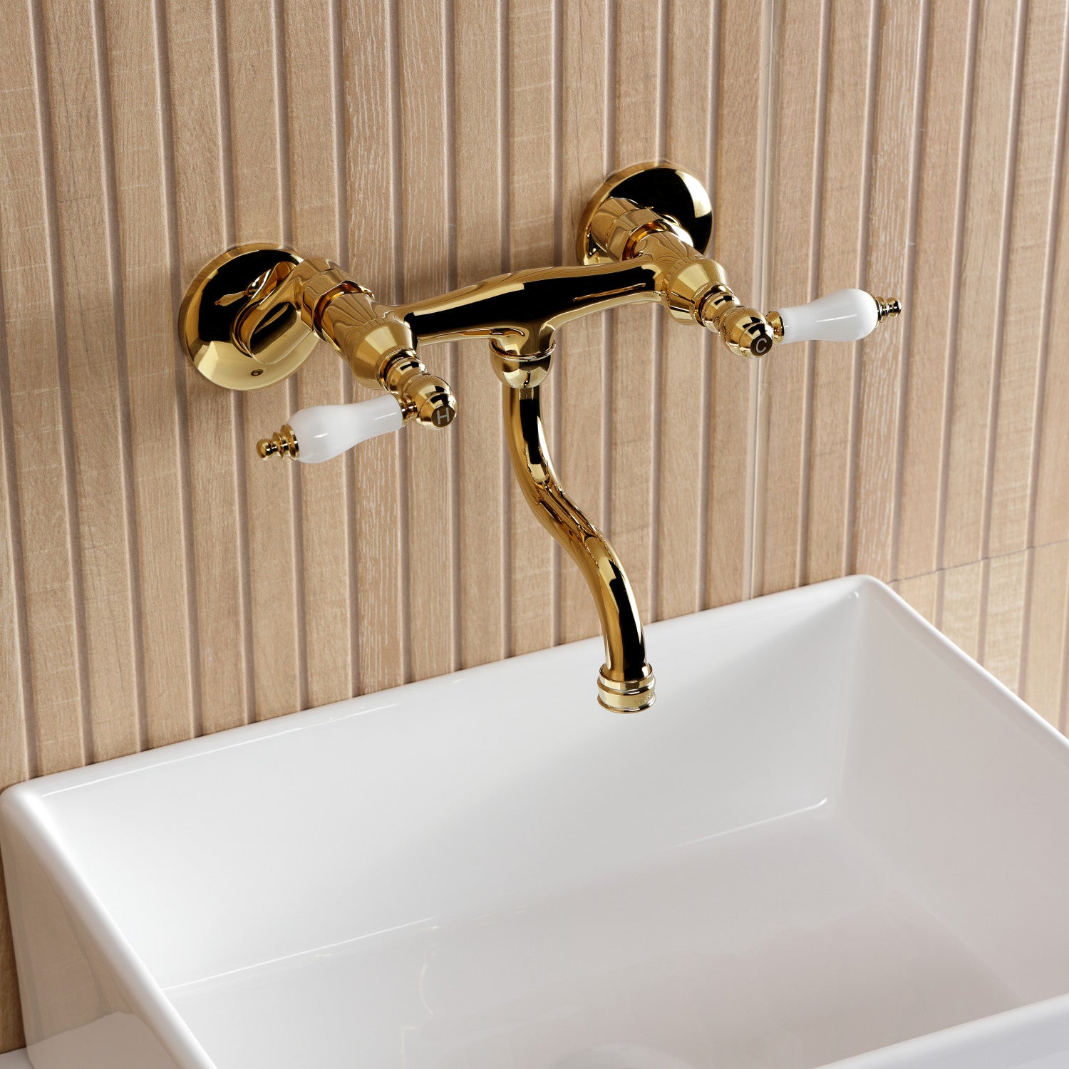 Kingston Heirloom KS2112PL - Kingston Double-Handle 2-Hole Wall Mount Bathroom Faucet, Polished Brass — thumbnail 2